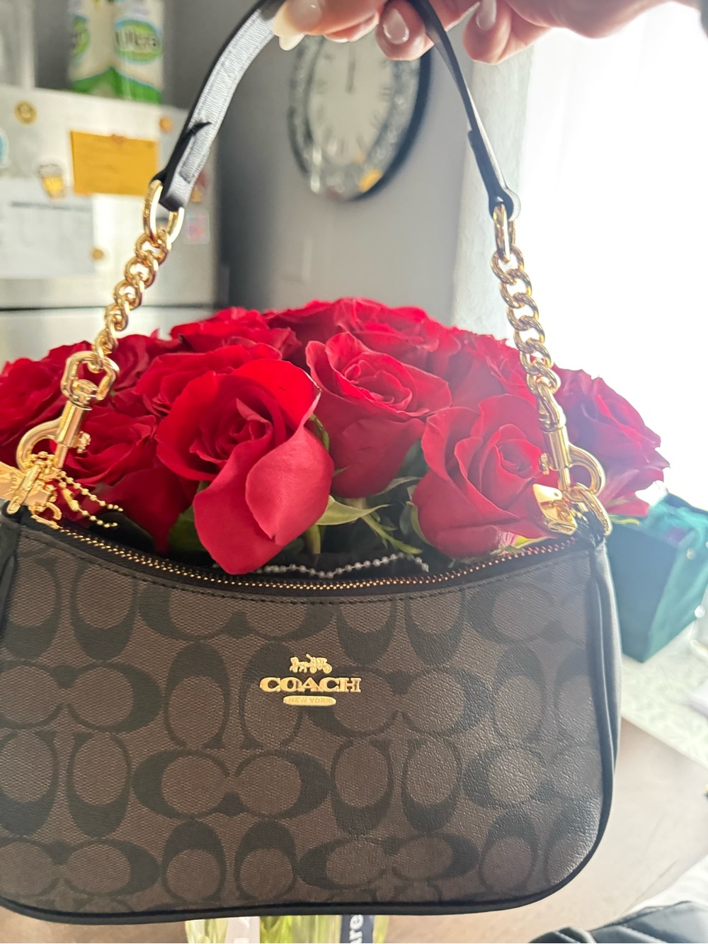 Coach Black/Brown Signature Mini Shoulder Bag with Gold Hardware